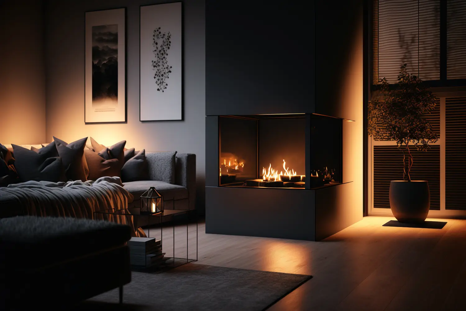Ein dunkles, modernes Luxushaus-Interieur, Wohnzimmer mit einem gemütlichen Kamin